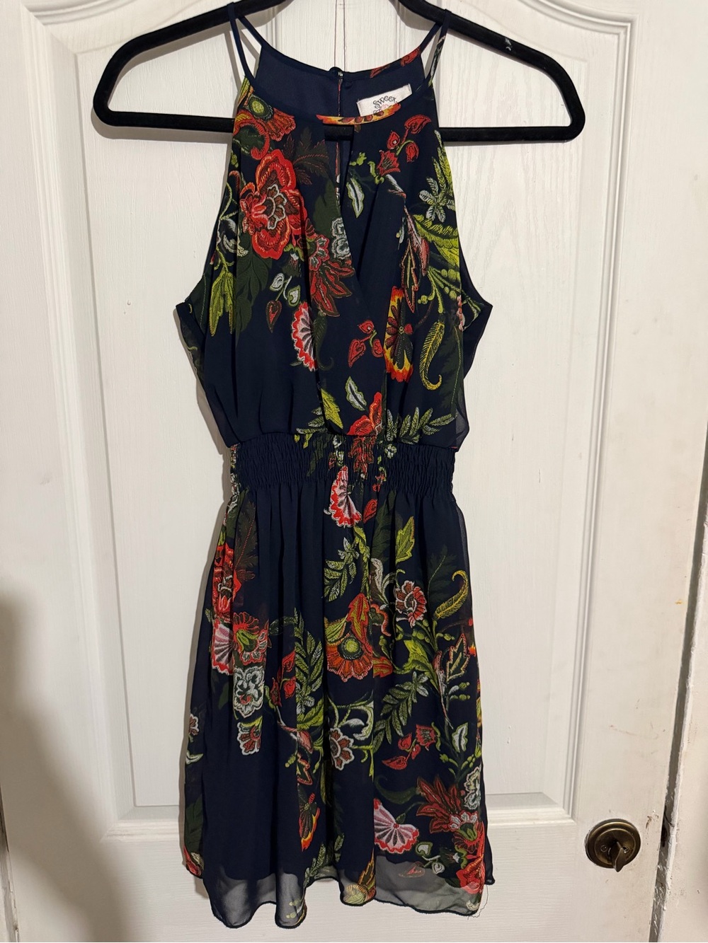 Sweet Storm Navy Mini Dress with Red & Green Floral Print